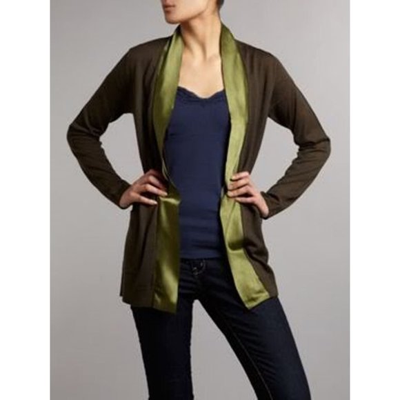 KENNETH COLE New York DARK OLIVE Shawl Collar KNIT Cardigan Top L $220 - Picture 1 of 1